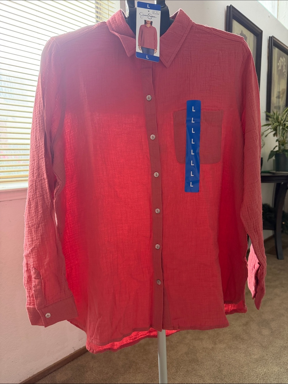 Jessica Simpson 100% Cotton Gauze top for women, Red Long-Sleeve Button-Up Shirt